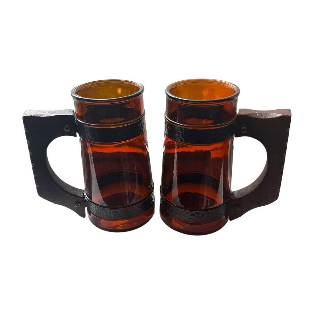 Vintage Siesta Ware Amber Glass Beer Mugs with Wooden Handles